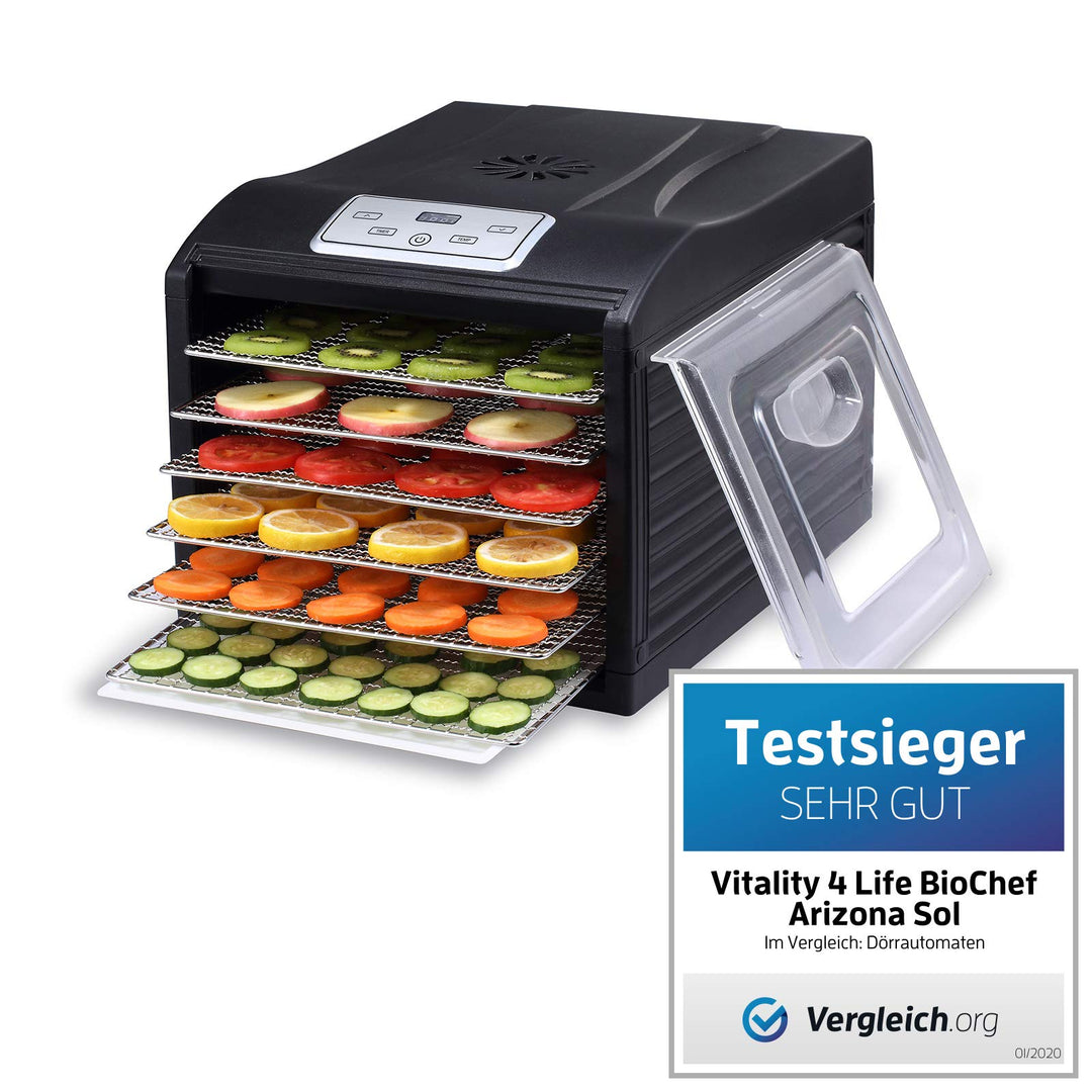 BioChef Arizona Sol Dörrautomat/Dörrgerät mit 6 Einschüben aus Edelstahl PLUS Digitaler Timer + Ther