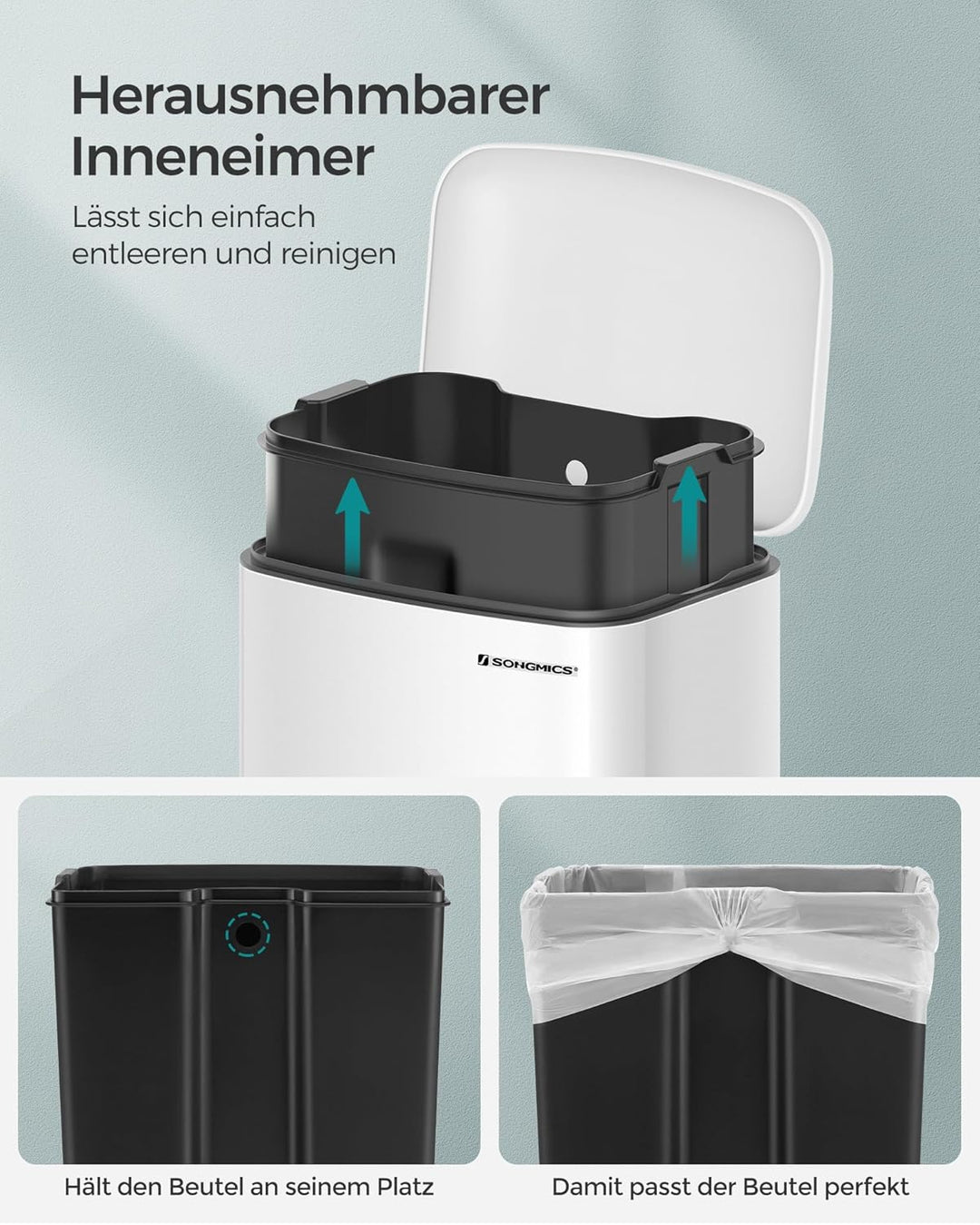 SONGMICS Mülleimer, 30 Liter Abfalleimer, Treteimer aus Stahl, mit Inneneimer und Deckel, Softclose,