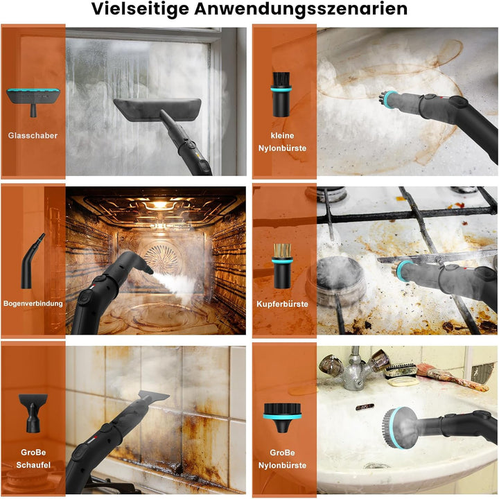 14 in 1 Dampfreiniger, 3 Stufig Einstellbarer Griff, Temperaturanzeige, 15 Sekunden Aufheizzeit, 1,8