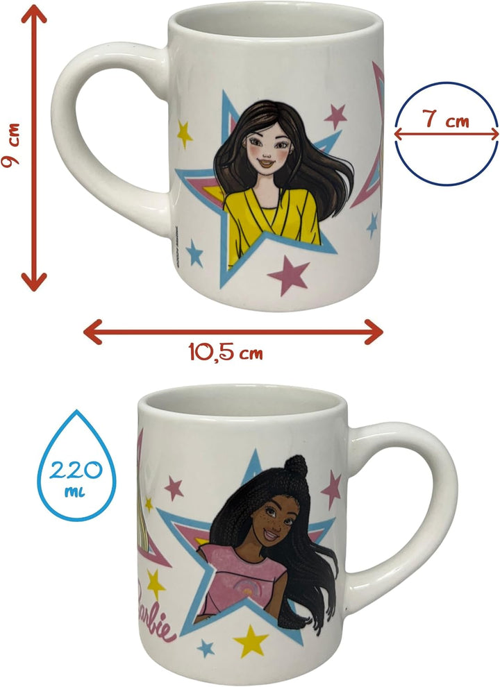 CARTOON Set 3-teilig aus Keramik Barbie Tasse Müslischale Teller Kindergeschirr Tischservice im Set,