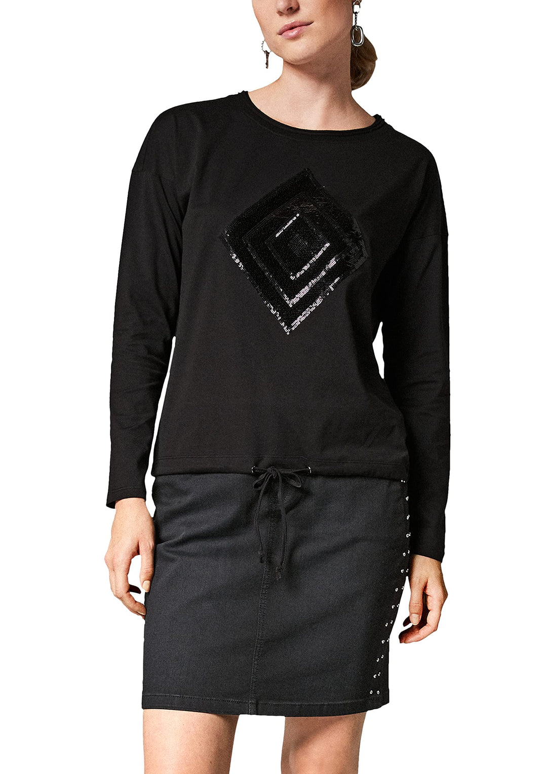 comma Casual Identity Damen Langarmshirt mit Pailletten Black Sequins 44