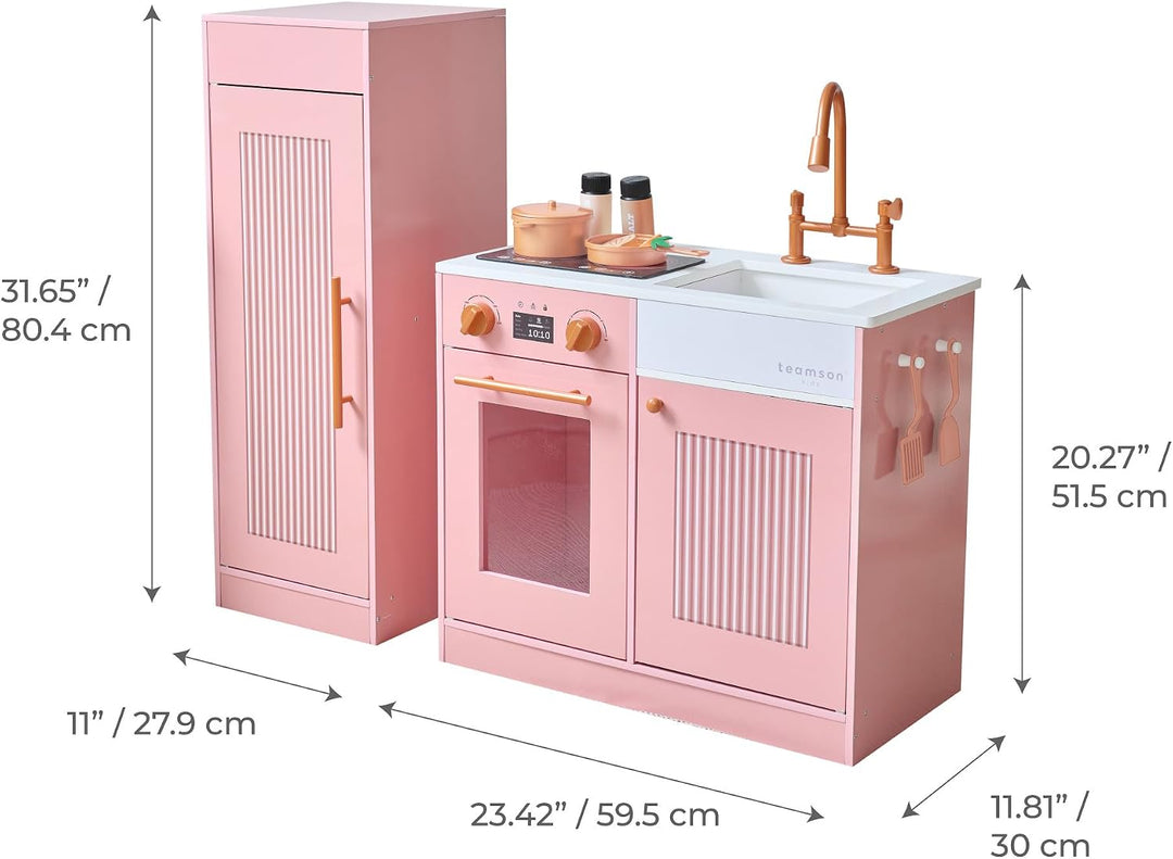 Teamson Kids Little Chef Chester Kinderküche in Pfirsich mit Zubehör, Spielküche aus Holz für Rollen