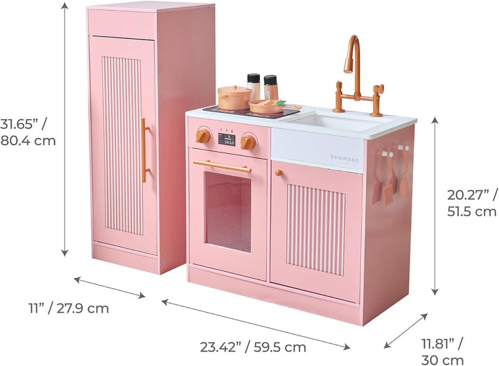 Teamson Kids Little Chef Chester Kinderküche in Pfirsich mit Zubehör, Spielküche aus Holz für Rollen