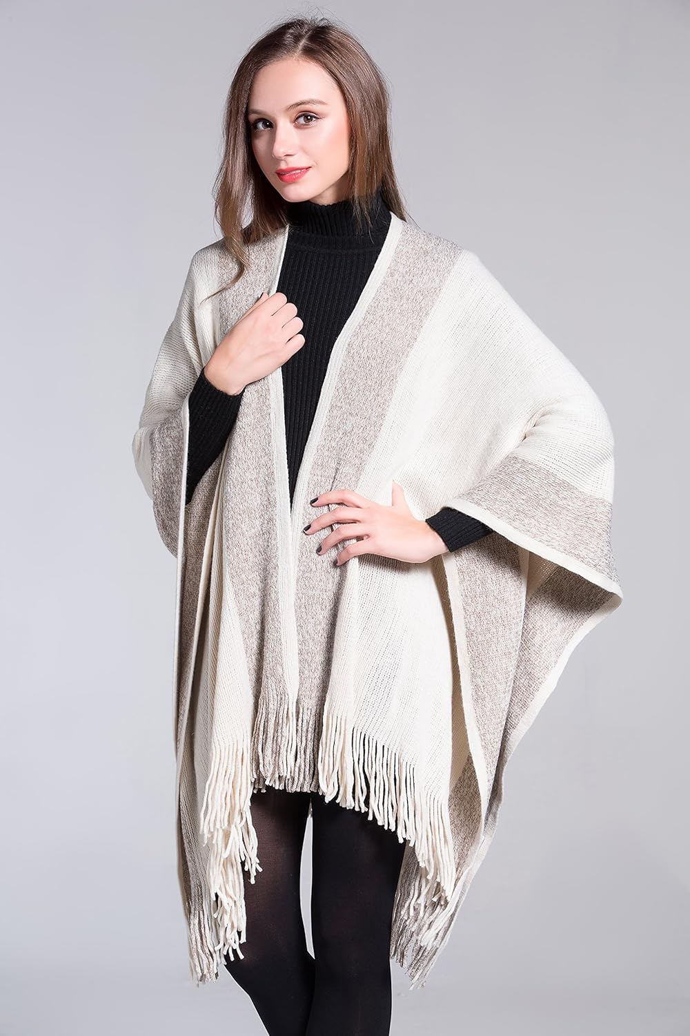 ZLYC Damen Weiche Schlichte Poncho Capes Retro Cardigans Pullover Khaki, Khaki