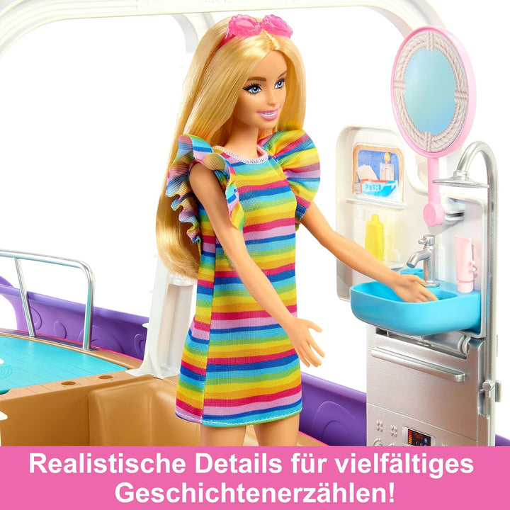 Barbie Traumboot Spielset, Rutsche und Schwimmzeug, 20+ Barbie-Zubehörteile, ohne Barbie-Puppe, als