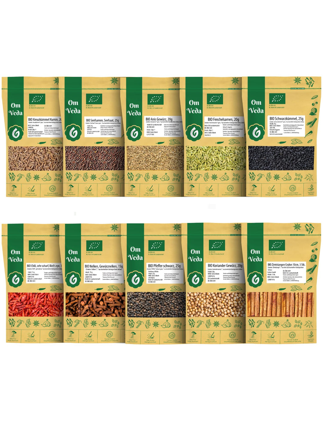 BIO Gewürze Indische Küche 10er STARTER SET 1 - Kreuzkümmel, Senfsamen, Anis, Fenchel, Schwarzkümmel