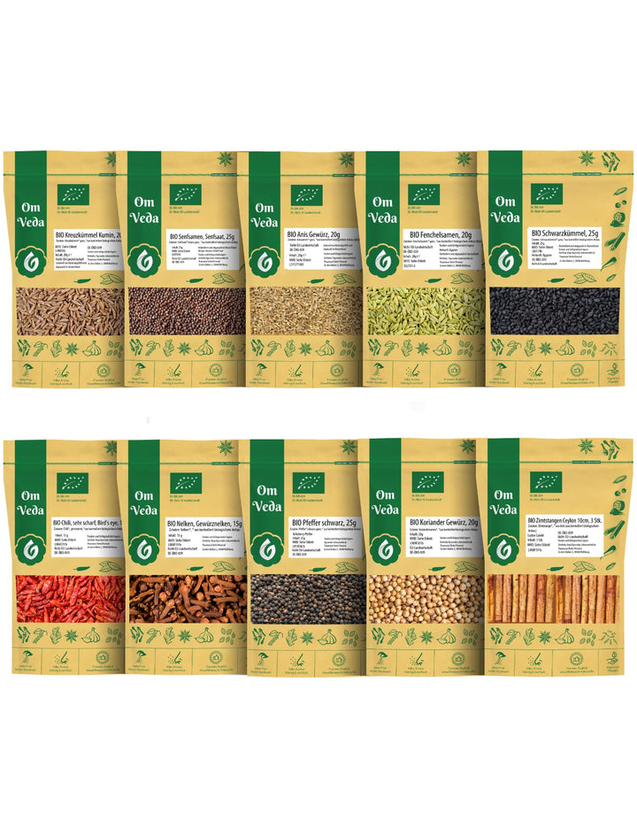 BIO Gewürze Indische Küche 10er STARTER SET 1 - Kreuzkümmel, Senfsamen, Anis, Fenchel, Schwarzkümmel