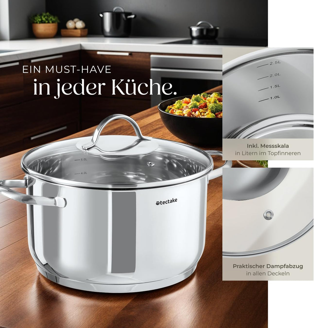 tectake® 9-tlg. Topfset, Edelstahl Kochgeschirr, Töpfe Set mit Deckel, Kochtopf Set für Induktionsko
