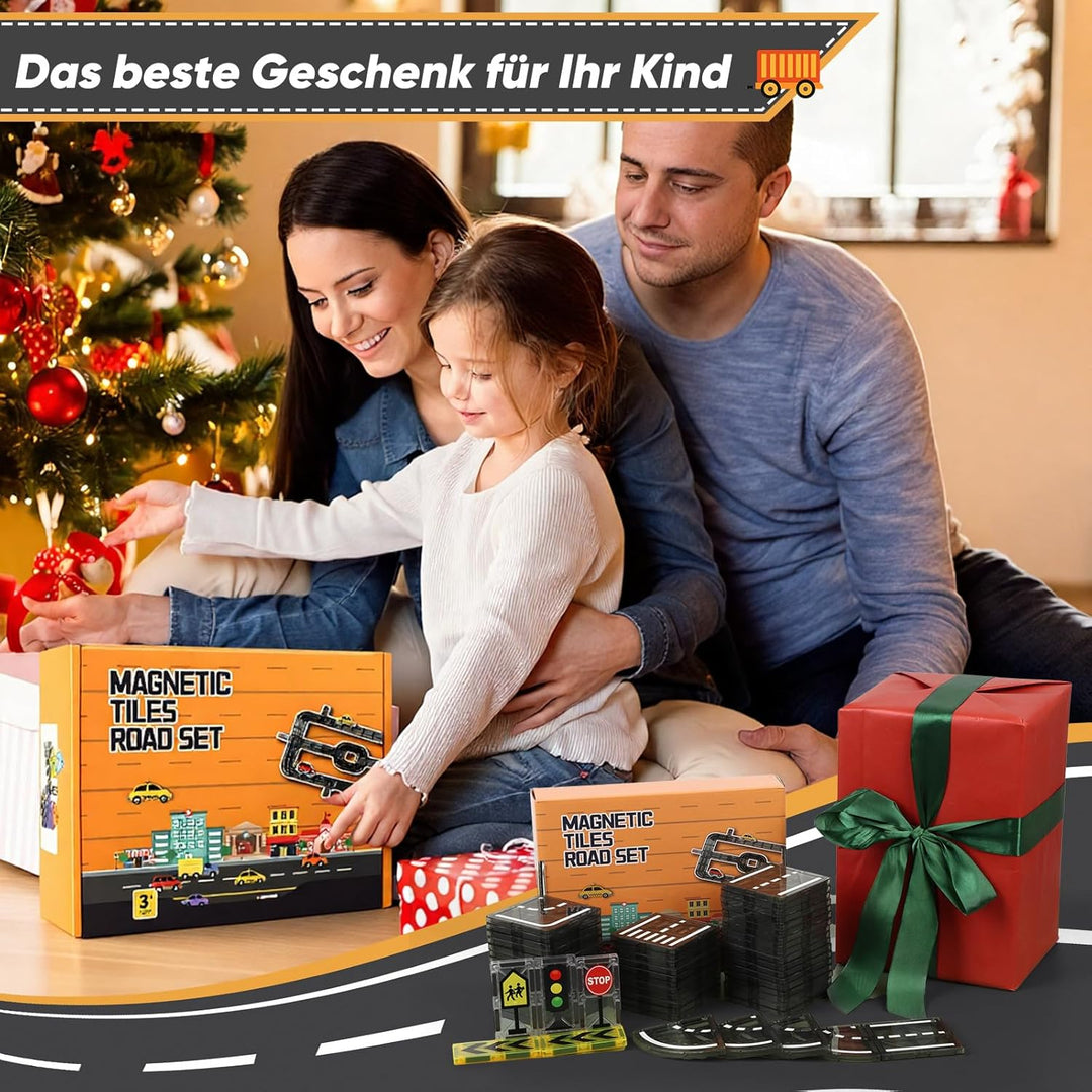 Magnetische Bausteine Strassenset, 52 Stück Magnet Fliesen Spiel Stadt Strassen, Magnetic Road Tiles