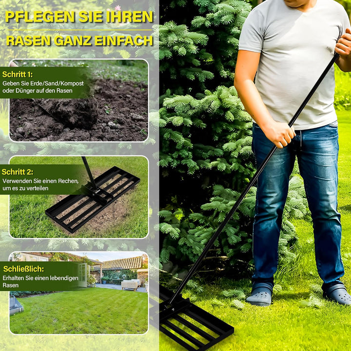Garten Rasen-Nivellierungsrechen XXL,Edelstahl-Ebnungsplatte, Verstärkte Schweissnähte, 68-198 cm Ve