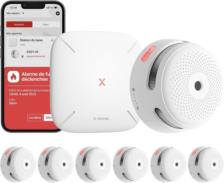 X-Sense Smart Rauchmelder XS01-M mit SBS50 Basisstation & REV Standard, Feuchtraumsteckdose, Aufputz
