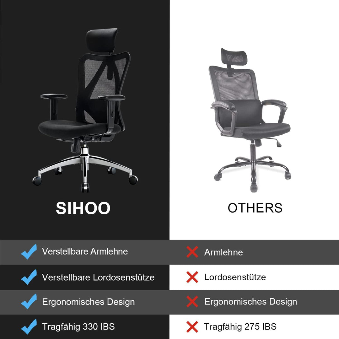 SIHOO Bürostuhl Ergonomischer Schreibtischstuhl, Drehstuhl hat Verstellbarer Lordosenstütze, Kopfstü