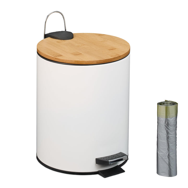 Relaxdays Kosmetikeimer 5 L, Absenkautomatik, Inneneimer entnehmbar, Badmülleimer, Metall, Bambus, m