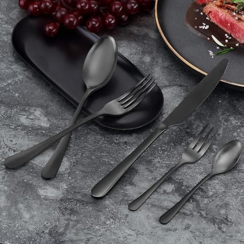 BEWOS Besteck Set für 12 Personen, 60 teilig Schwarz Mattiert Essbesteck Set inkl. Messer, Gabel, Lö
