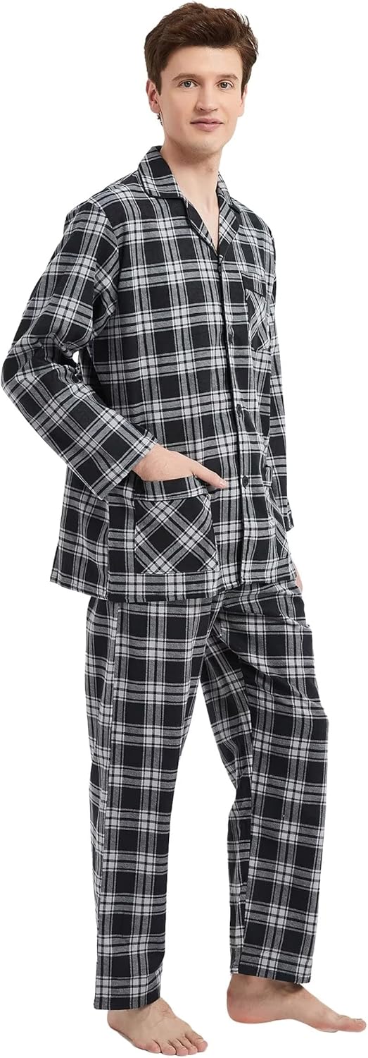 Amaxer Flanell Schlafanzug Herren 100% Baumwolle Pyjama mit Knopfleiste Set Lang Warmer Winter Schla