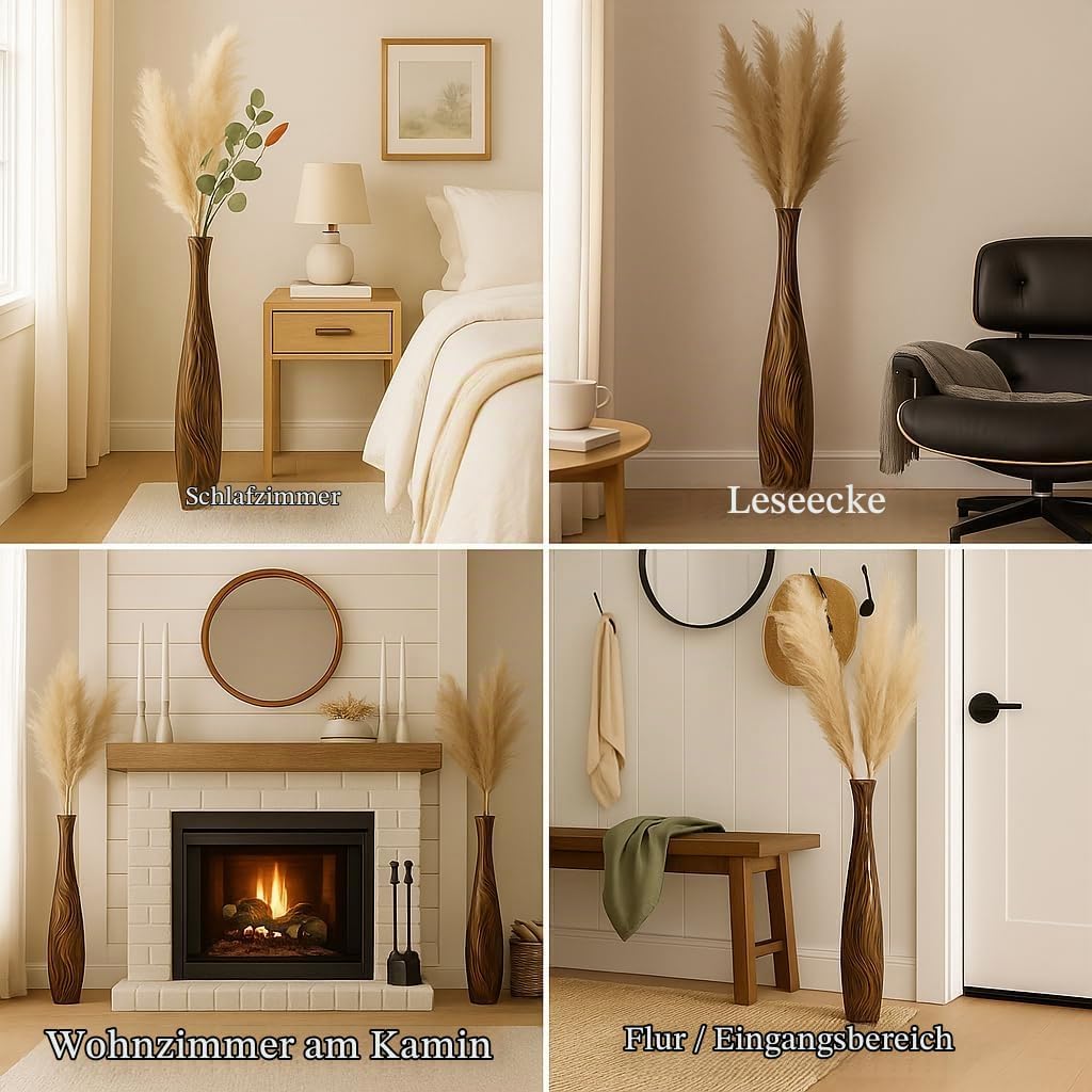 Leewadee Grosse Bodenvase für Dekozweige hohe Standvase Design Holzvase, Holz, 70 cm, Braun Hellbrau