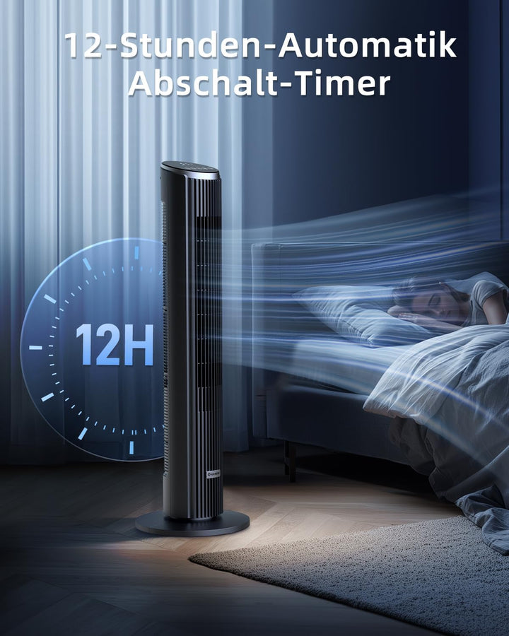 Leiser Turmventilator für Schlafzimmer, Standventilator mit Fernbedienung, 90° oszillierend, 4 Gesch