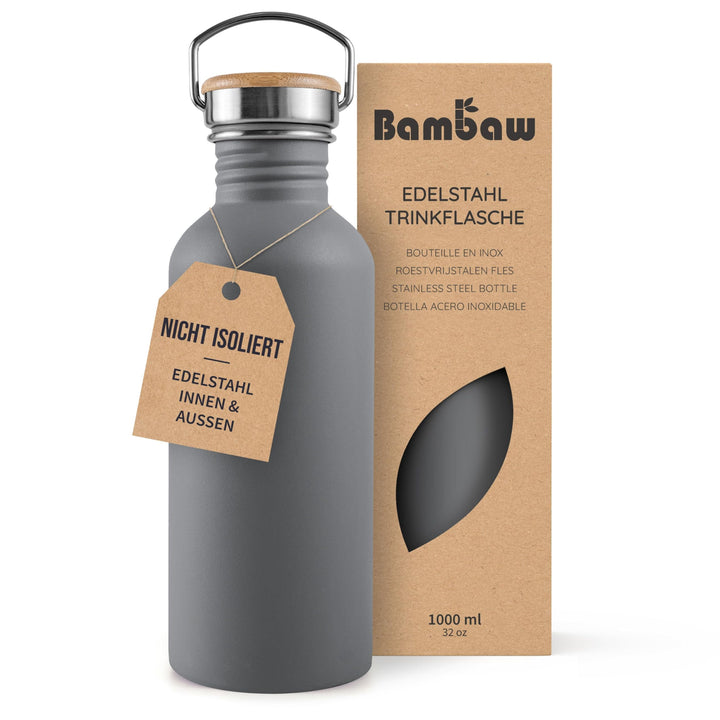 Bambaw Unisolierter Edelstahl-Wasserflasche, 900 ml, graues BPA-freies Metall, wiederverwendbar und