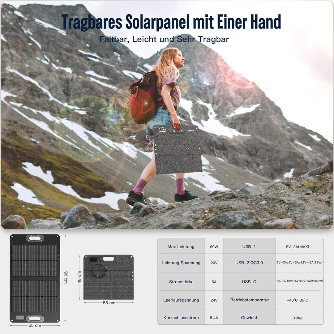 JustNow 60W Faltbares Solarpanel, Solarmodul mit 3 Ausgängen DC/USB/QC3.0,10 verschiedenen Grössen v