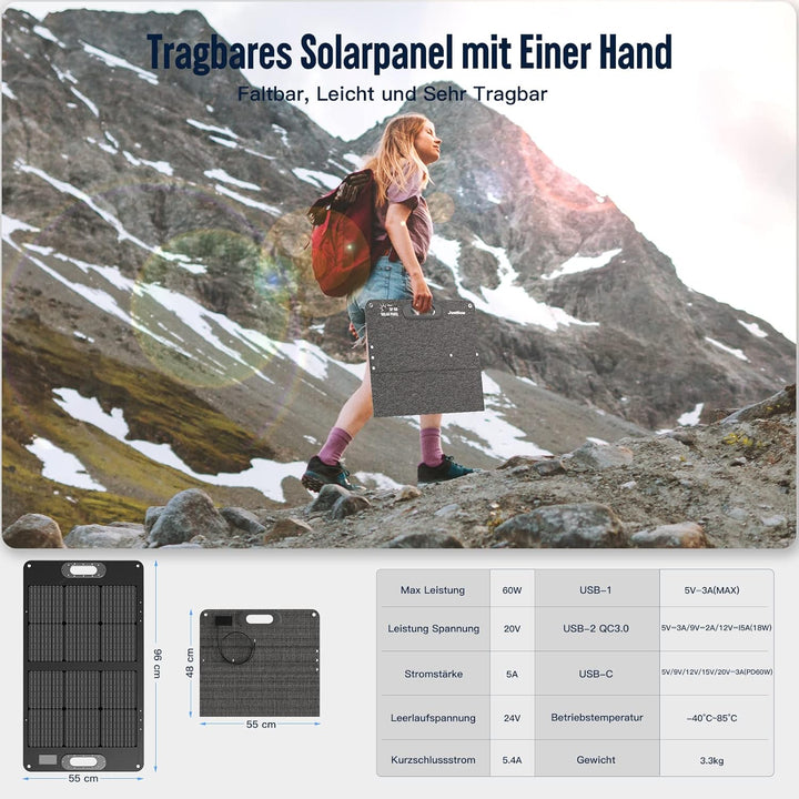 JustNow 60W Faltbares Solarpanel, Solarmodul mit 3 Ausgängen DC/USB/QC3.0,10 verschiedenen Grössen v