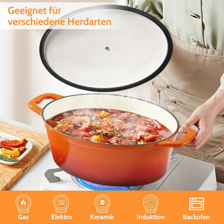 Gusseisen Bräter mit Deckel, Oval Gusseisen Topf 6.6L, Emaille Topf Gross Backofengeeignet, Schmorto