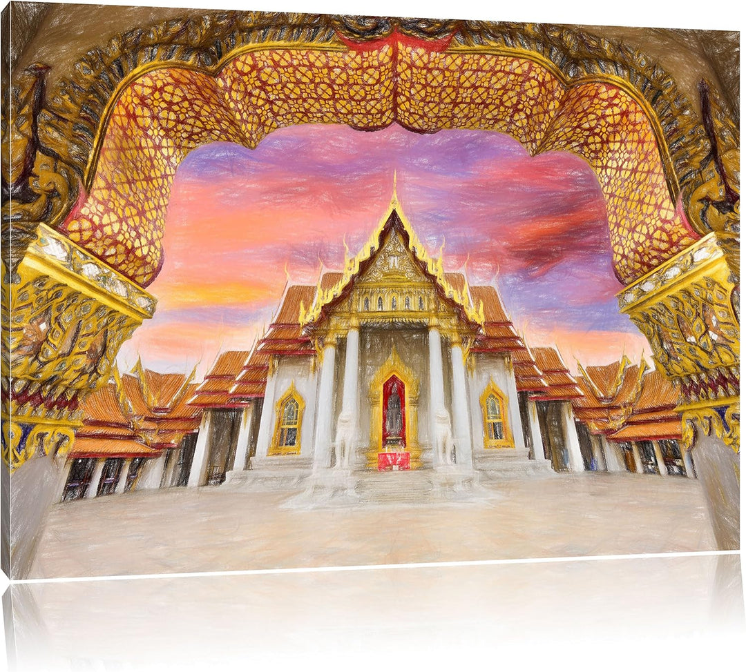Pixxprint Marmortempel von Bangkok / 100x70cm Leinwandbild bespannt auf Holzrahmen/Wandbild Kunstdru