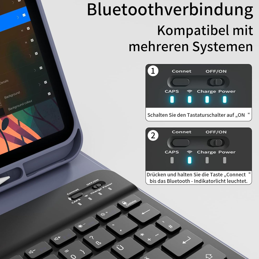 Hülle mit Tastatur für iPad A16 11 Generation 2025/10 Generation 2022 (11/10.9 Zoll), QWERTZ Layout,