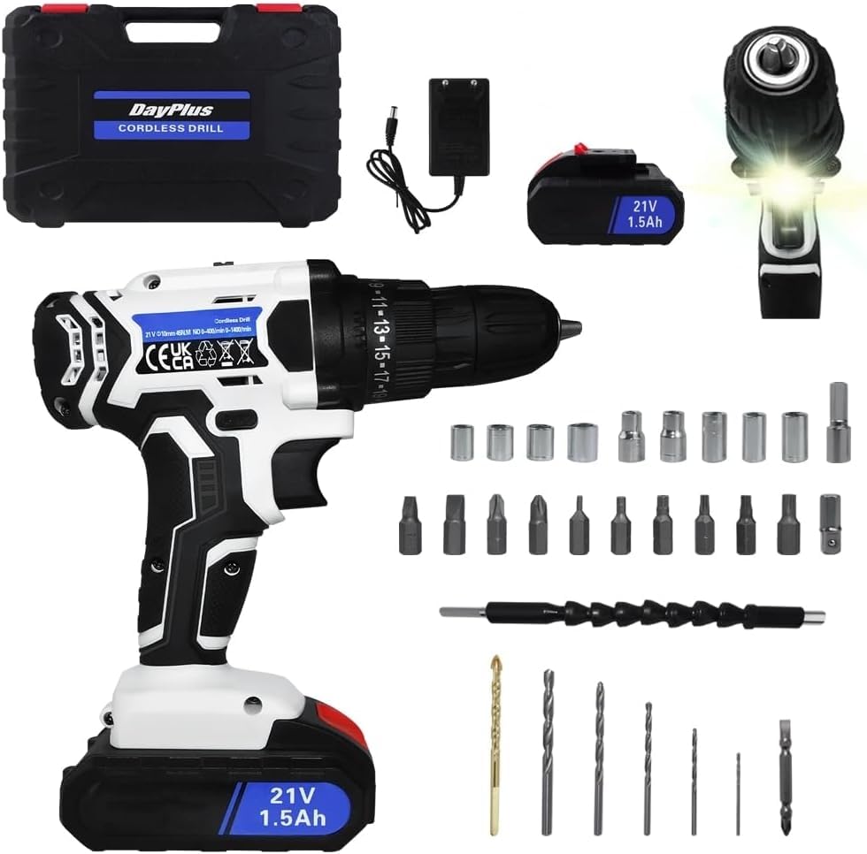 Akku-Bohrschrauber Akkubohrer 21V Akkuschrauber Set mit 1,5Ah Akku, LED Arbeitslicht, 2-Gang, 45Nm,