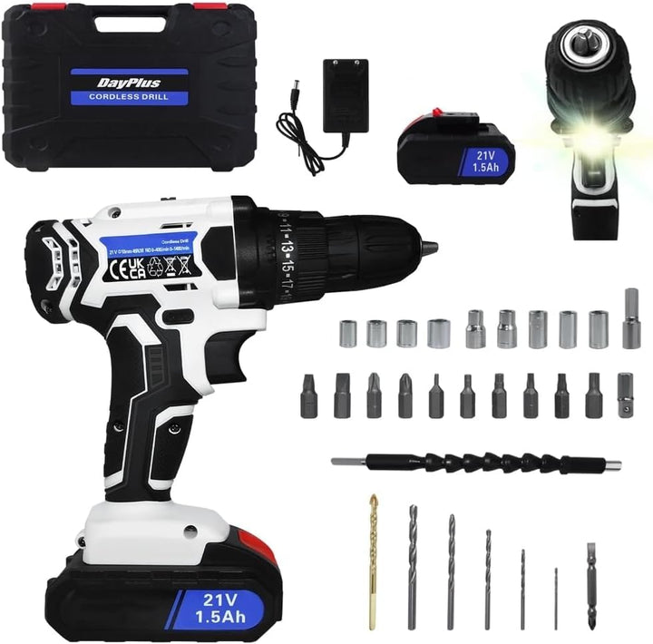 Akku-Bohrschrauber Akkubohrer 21V Akkuschrauber Set mit 1,5Ah Akku, LED Arbeitslicht, 2-Gang, 45Nm,
