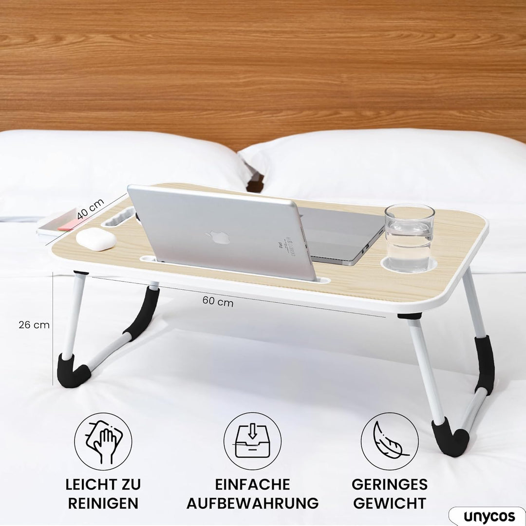 unycos - Betttablett Klappbar, Frühstückstablett mit Griff und Getränkehalter, Serviertisch, Ideal f