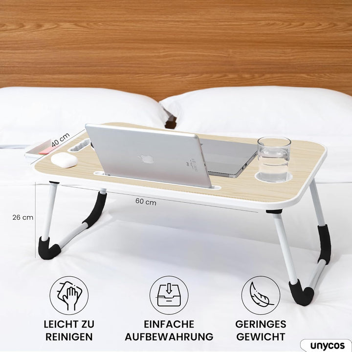 unycos - Betttablett Klappbar, Frühstückstablett mit Griff und Getränkehalter, Serviertisch, Ideal f