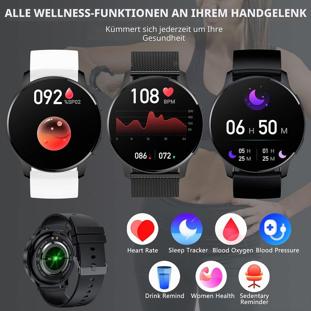 Erkwei Smartwatch Damen mit Telefonfunktion 1,32" HD-Touch Screen Fitnessuhr Schrittzähler Damenuhr