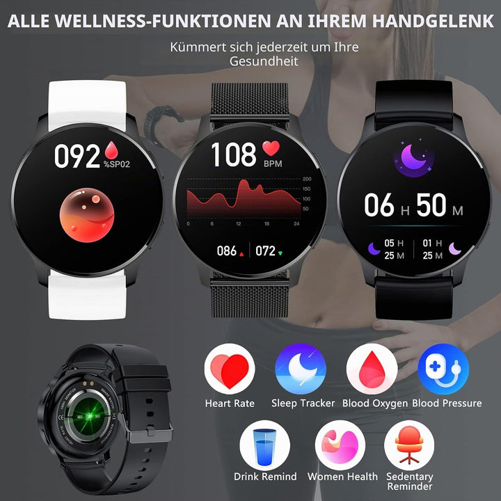 Erkwei Smartwatch Damen mit Telefonfunktion 1,32" HD-Touch Screen Fitnessuhr Schrittzähler Damenuhr