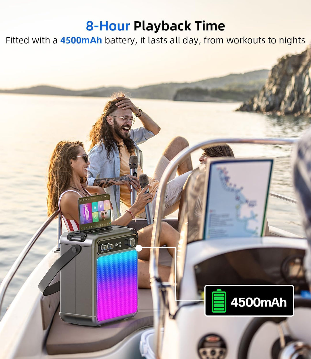 Karaoke Maschine mit 2 Mikrofonen, tragbarer Bluetooth Karaoke System mit LED Lichtern, Stereo TWS,