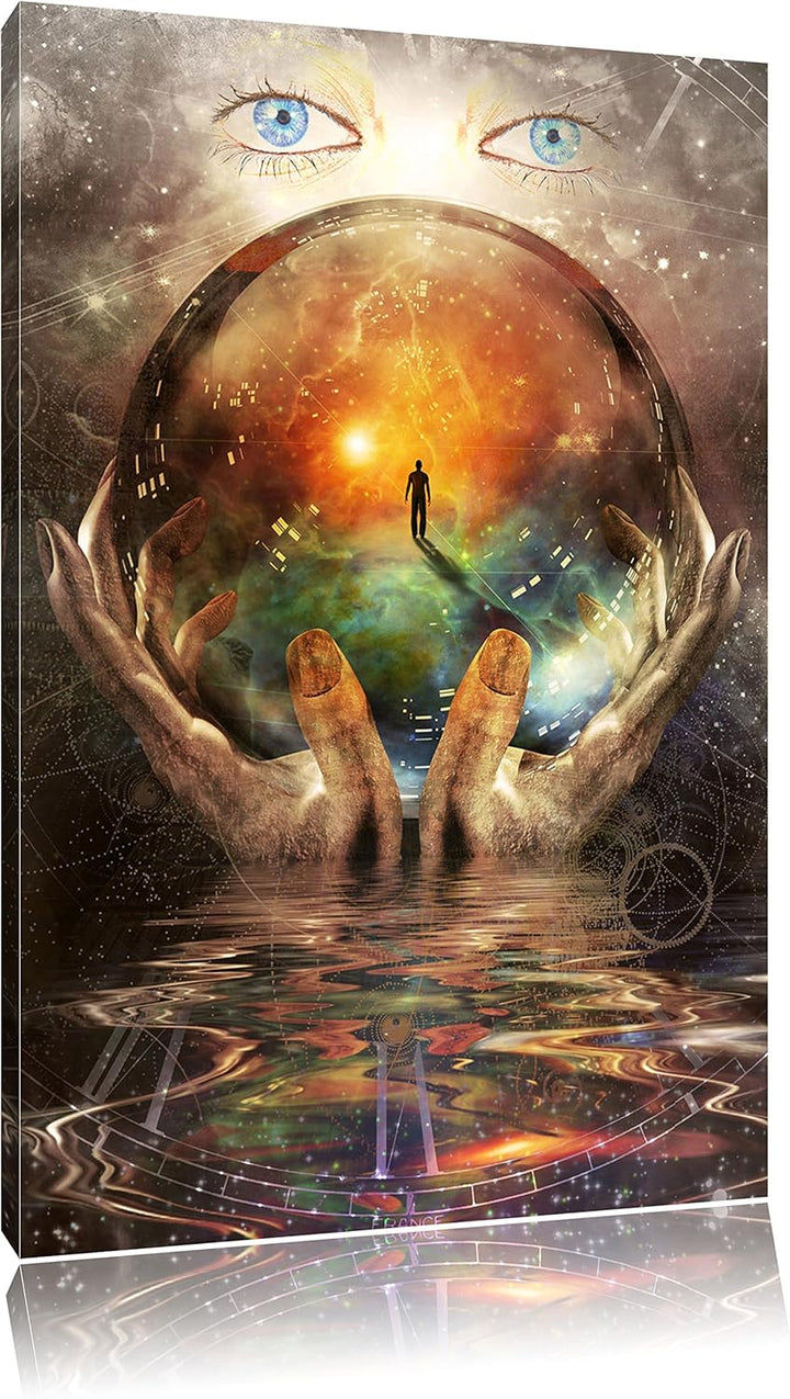 Pixxprint Glaskugel in der Hand mit abstrakten Hintergrund, Format: 100x70 auf Leinwand, 100x70