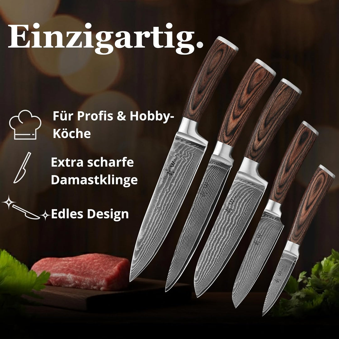 Wakoli 5er Damastmesser-Set mit Klingenlängen von 8,50cm bis 20,00cm, extrem scharf aus 67 Lagen I a