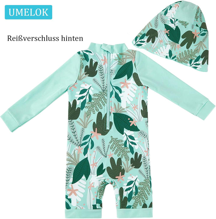 UMELOK Baby Badebekleidung Mädchen Badeanzug mit Sonnenhut UV Schutz 0-3 Monate Grüne,tropische Pfla