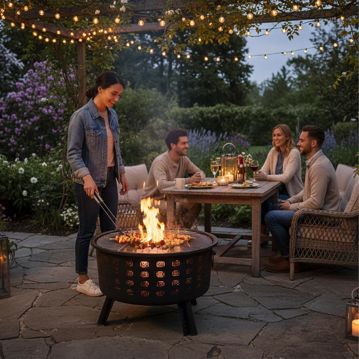 Relaxdays Feuerschale, HxØ 62 x 66 cm, mit Grillrost, Funkenschutz & Schürhaken, Feuerstelle Garten,