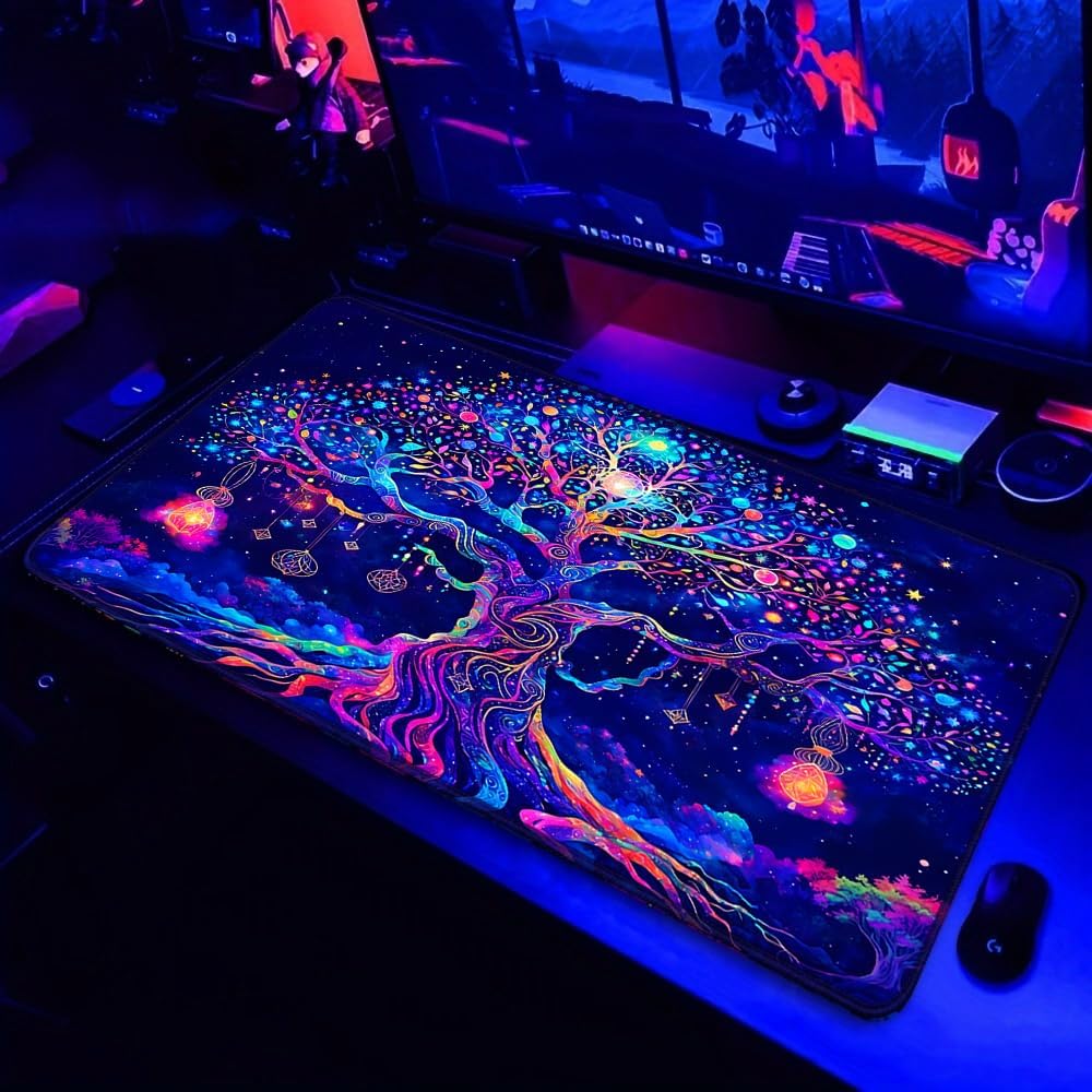 Simpkeely Bunter Baum des Lebens Mauspad, Schwarzlicht Gaming Extended Desk Pad, UV-reaktive wasserd