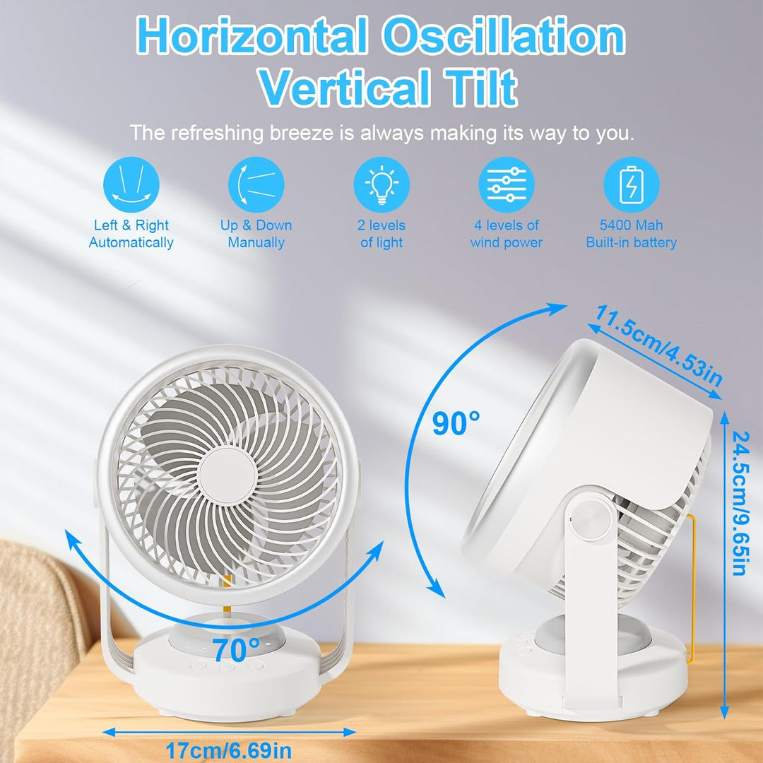 GuKKK Ventilator, Tischventilator Leise 5400mah, Umluftventilator 70° Oszillation mit 4 Geschwindigk