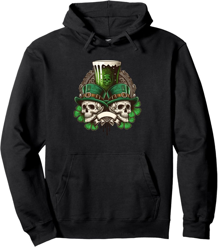 St Patricks Day Irish Leprechaun Skull Shamrock Pullover Hoodie