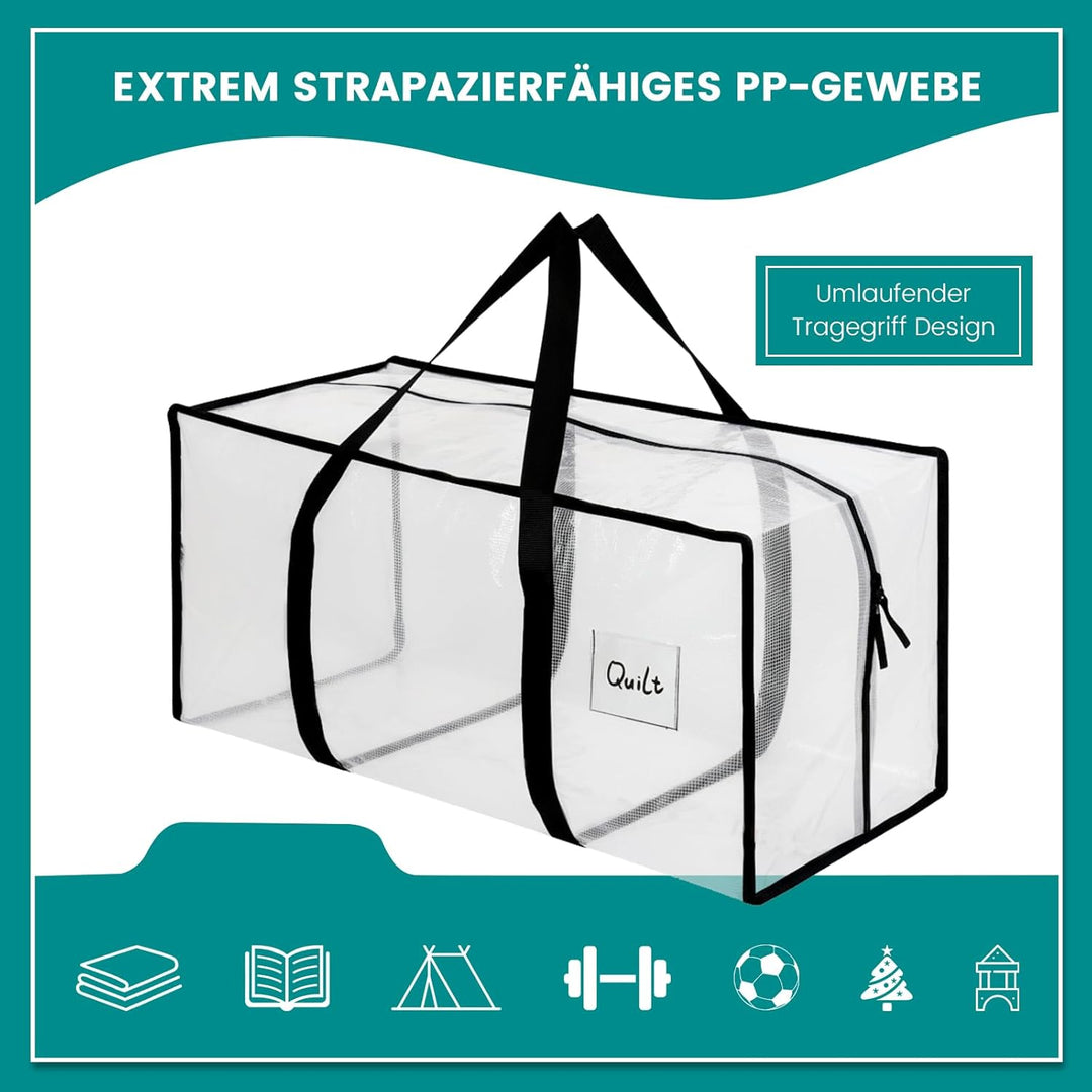 4 Stück 90L Aufbewahrungstasche, Heavy-Duty Weihnachtslager Transparente Umzugskartons Grosse mit Re