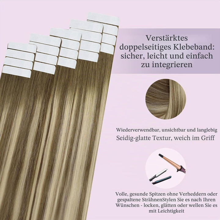 Fshine Tape Extensions Echthaar Balayage Mittelbraun bis Platinblond 30cm 30g Echthaar Extensions Ta