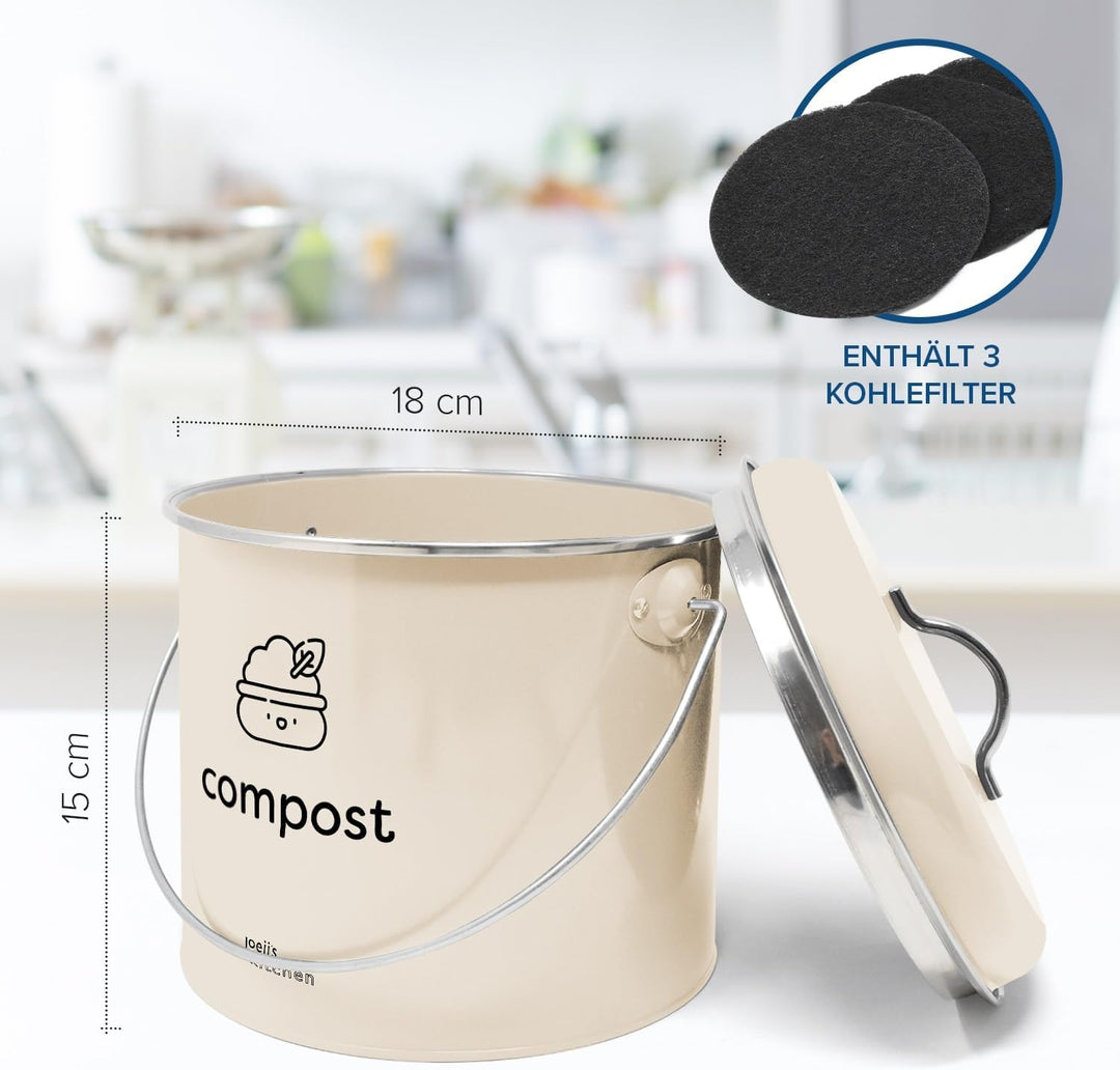 Joejis Komposteimer 3.5L - Küchenkompost mit Aktivkohlefiltern, Verzinkter Stahl Innenkomposter, Ger