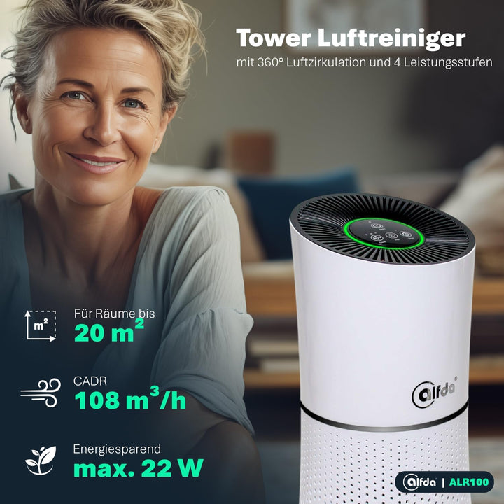 HEPA Luftreiniger alfda ALR100 mit 4in1 Multi-Filter, Ionisator, 150m³/h, bis 20 m², leiser SLEEP-Mo