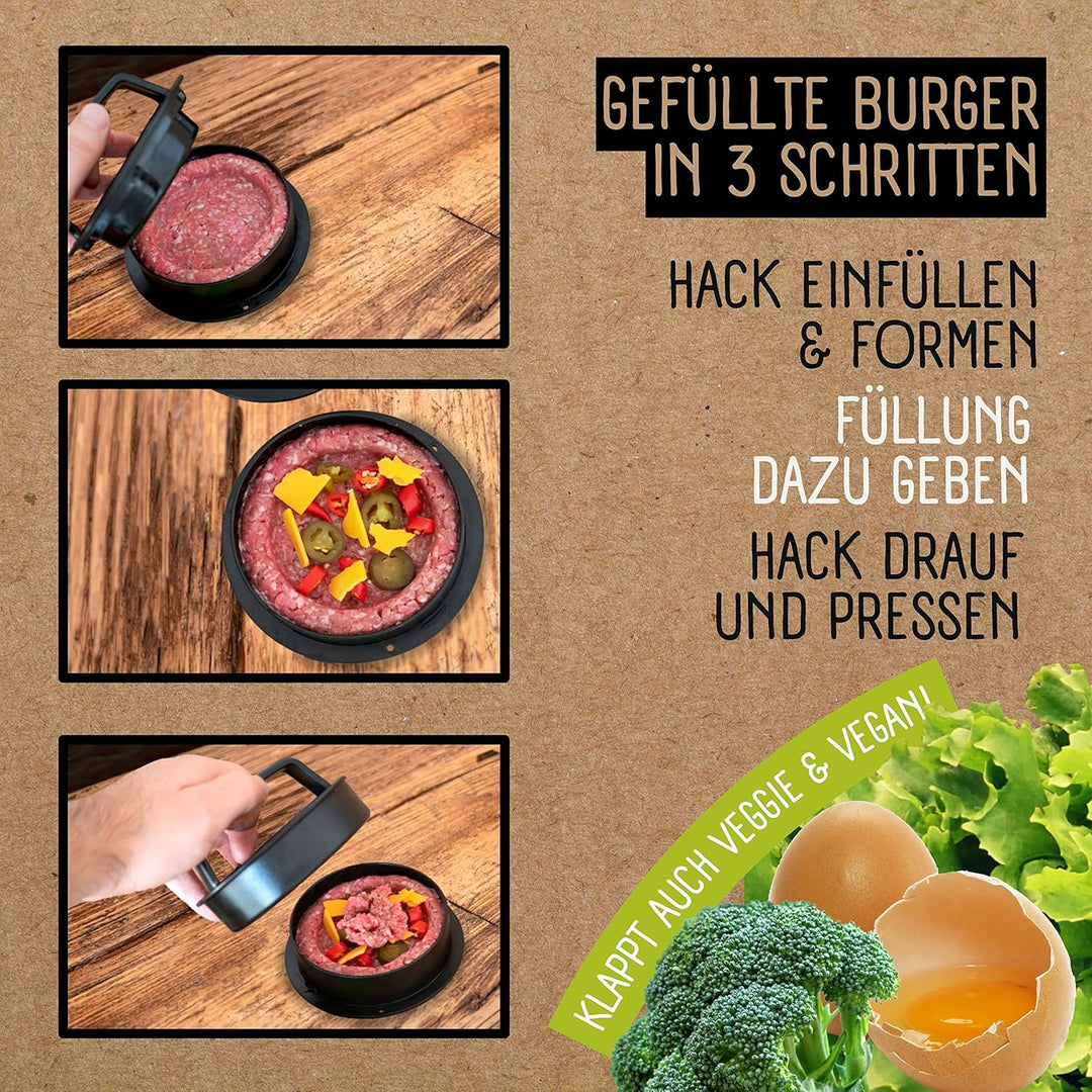 Burgerpresse mit 100 Blatt Burger Papier, 4 Patty Grössen inkl. Gefüllte Patties und XXL, Burger Pat