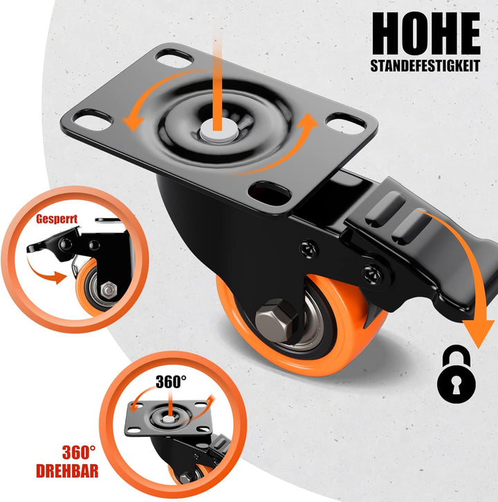 4 Stück Möbelrollen Ø50mm mit Bremsen inkl. Montagezubehör Lenkrollen Transportrollen 360° Drehung b