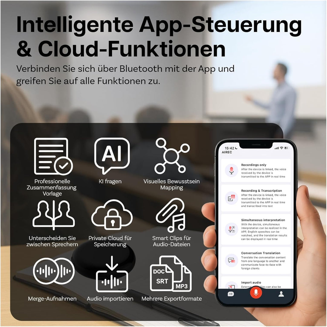 KI-Sprachrekorder von MMOBIEL – 32GB Rundes Digitales Diktiergerät mit App-Steuerung, KI-Transkripti