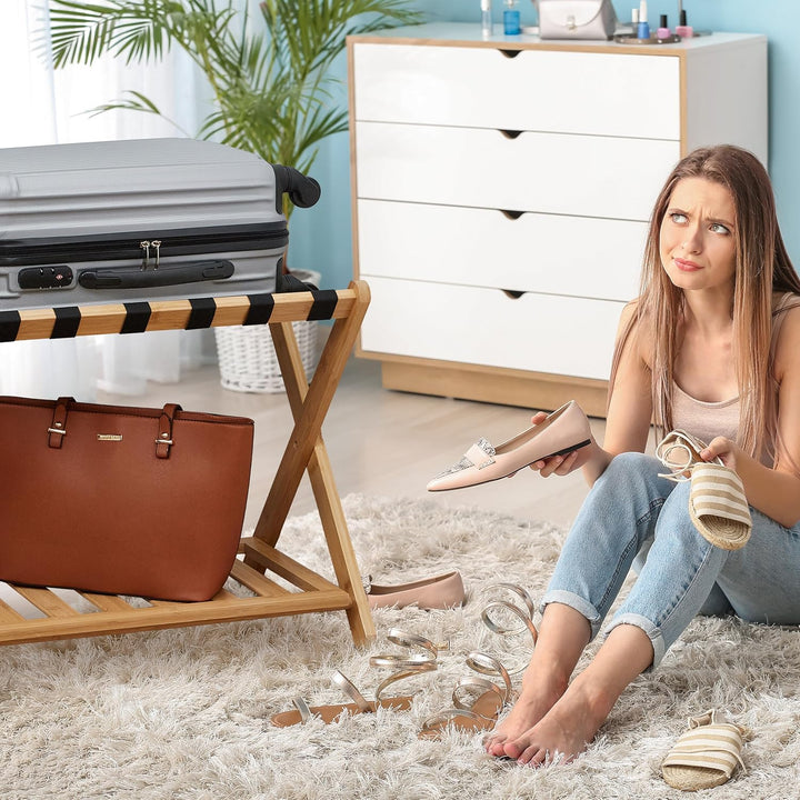 Relaxdays Kofferständer, klappbar, Bambus, HBT: 56 x 68,5 x 41,5 cm, Gepäckständer mit Ablage, Koffe