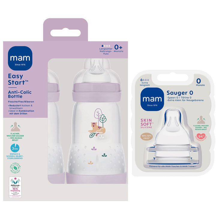 MAM Sparset Anti-Colic Starter-Set mit Anti-Kolik Flaschen Set, Sauger Gr. 0 + Gr.1 MAM Anti-Colik F